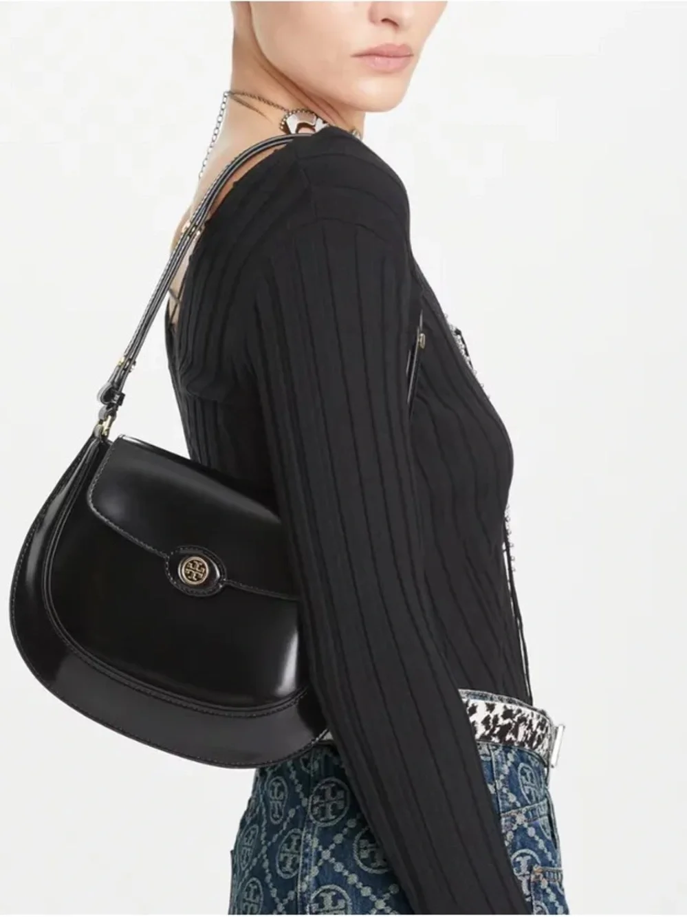 Tory Burch ROBINSON SPAZZOLATO SMALL FLAP BAG - BLACK